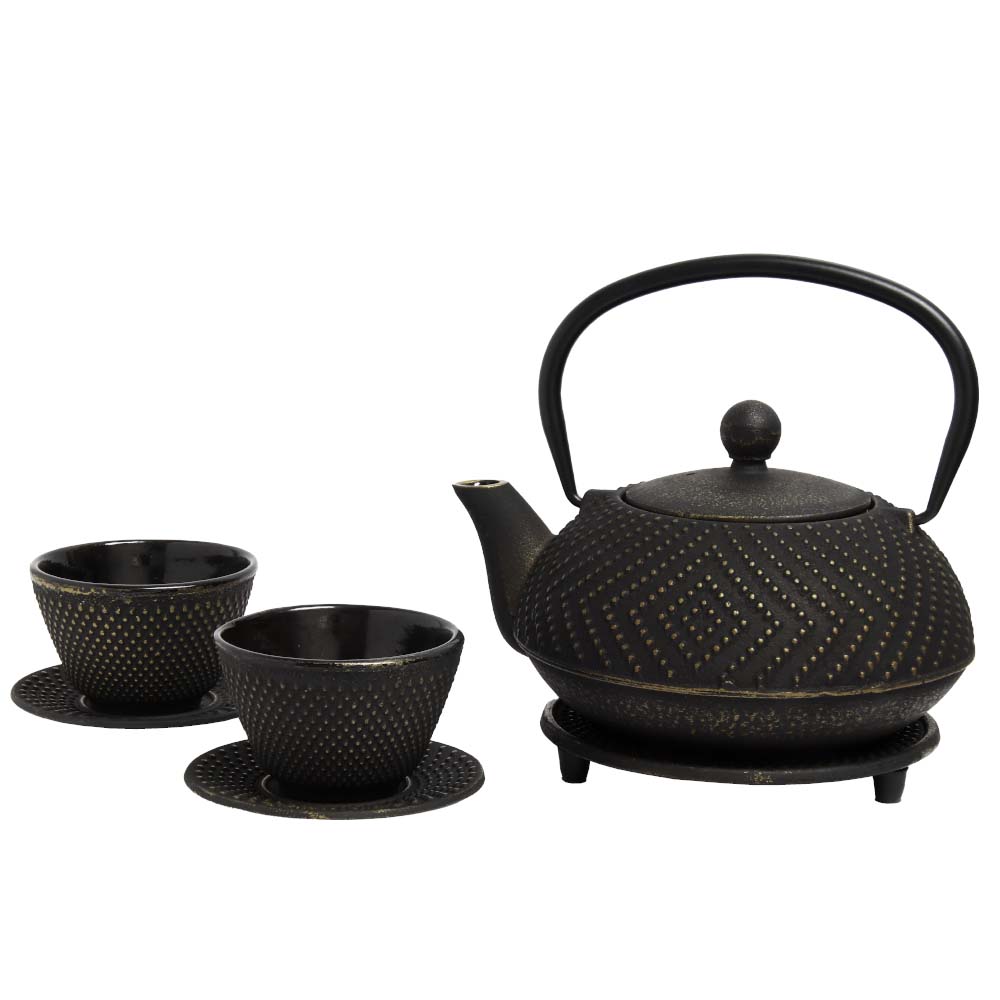 Set Teekanne aus Gusseisen 'Arare modern' schwarz-gold
