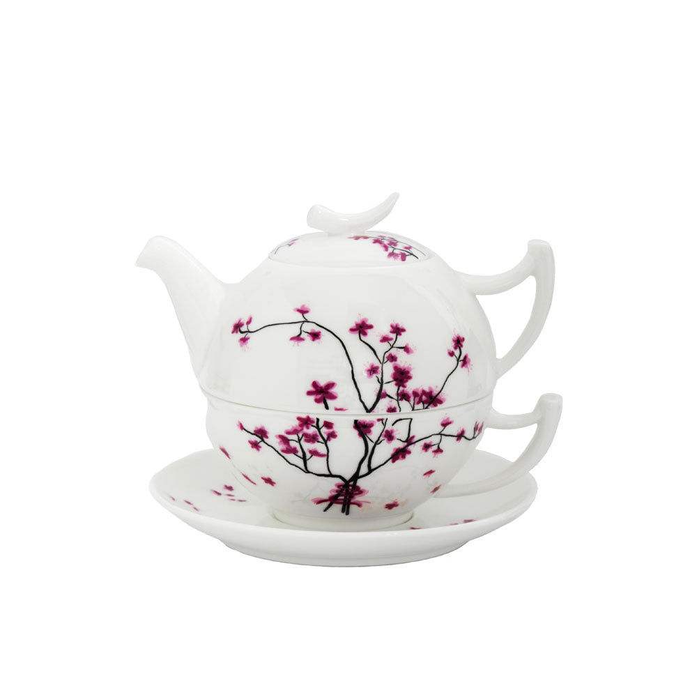 Tea for One Set aus Porzellan mit Kirschblüte als Muster