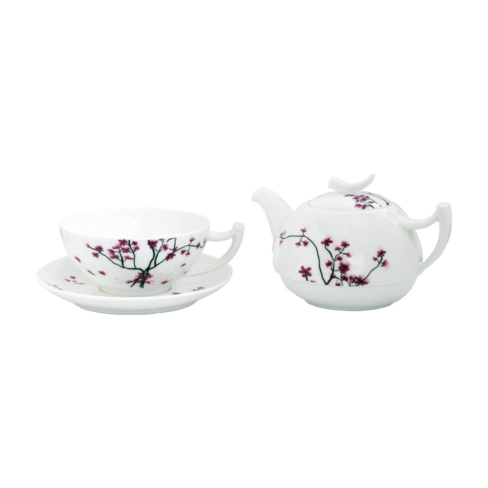 Tea for One Set aus Porzellan mit Kirschblüte als Muster - Lieferumfang
