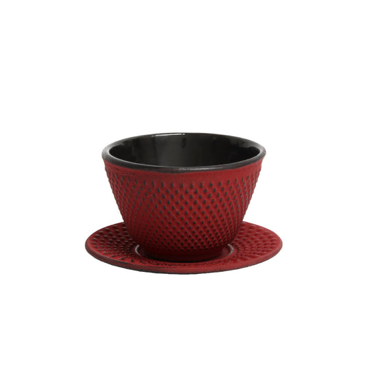 Teetasse aus Gusseisen mit Untersetzer - genoppt, 120ml Rot