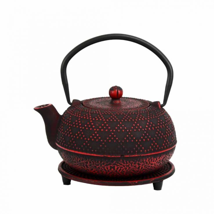 Teekanne aus Gusseisen mit Verzierungen 'Akita' (700ml) in Schwarz-Rot