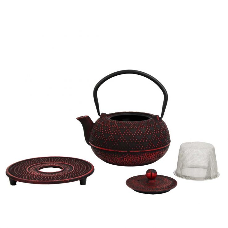 Teekanne aus Gusseisen mit Verzierungen 'Akita' (700ml) in Schwarz-Rot - Lieferumfang